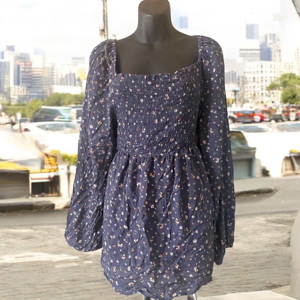 Hello MIZ Floral Print Smocked Maternity Blouse - Navy Blue